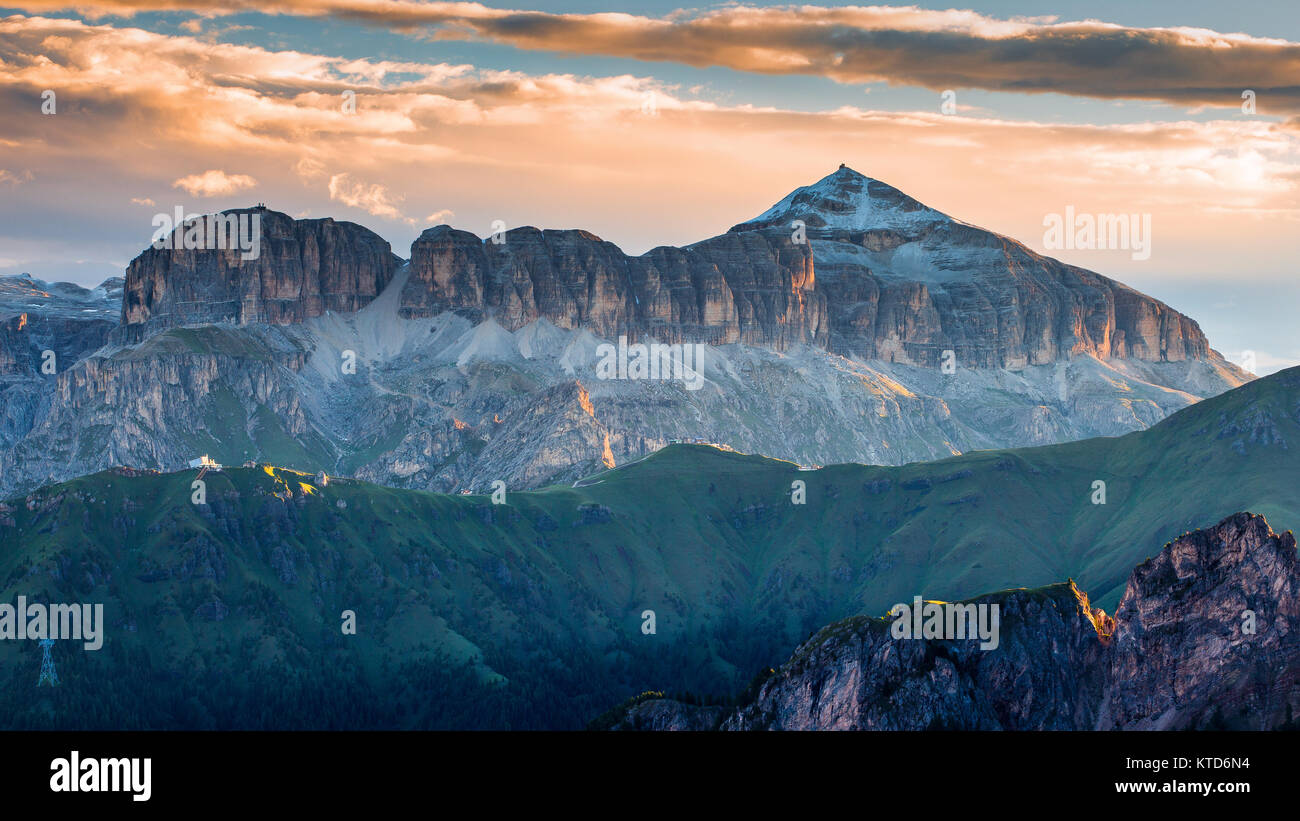 Sunlight at sunrise. The Sella mountain group. Piz Boè peak. The Gardena  Dolomites. Italian Alps. Europe. Stock Photo