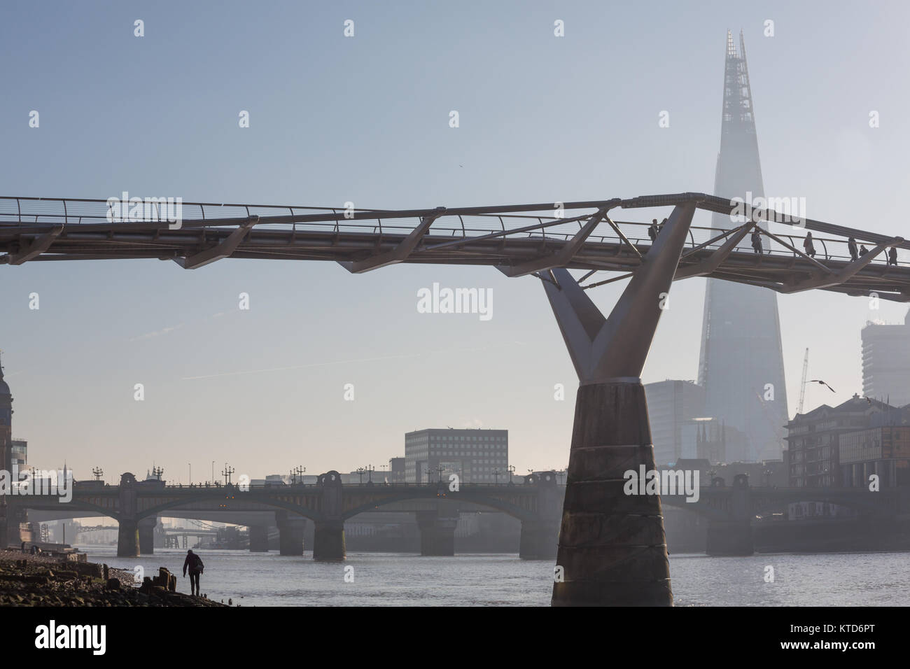 Millennium Bridge, The Shard and the Thames Foreshore Stock Photo