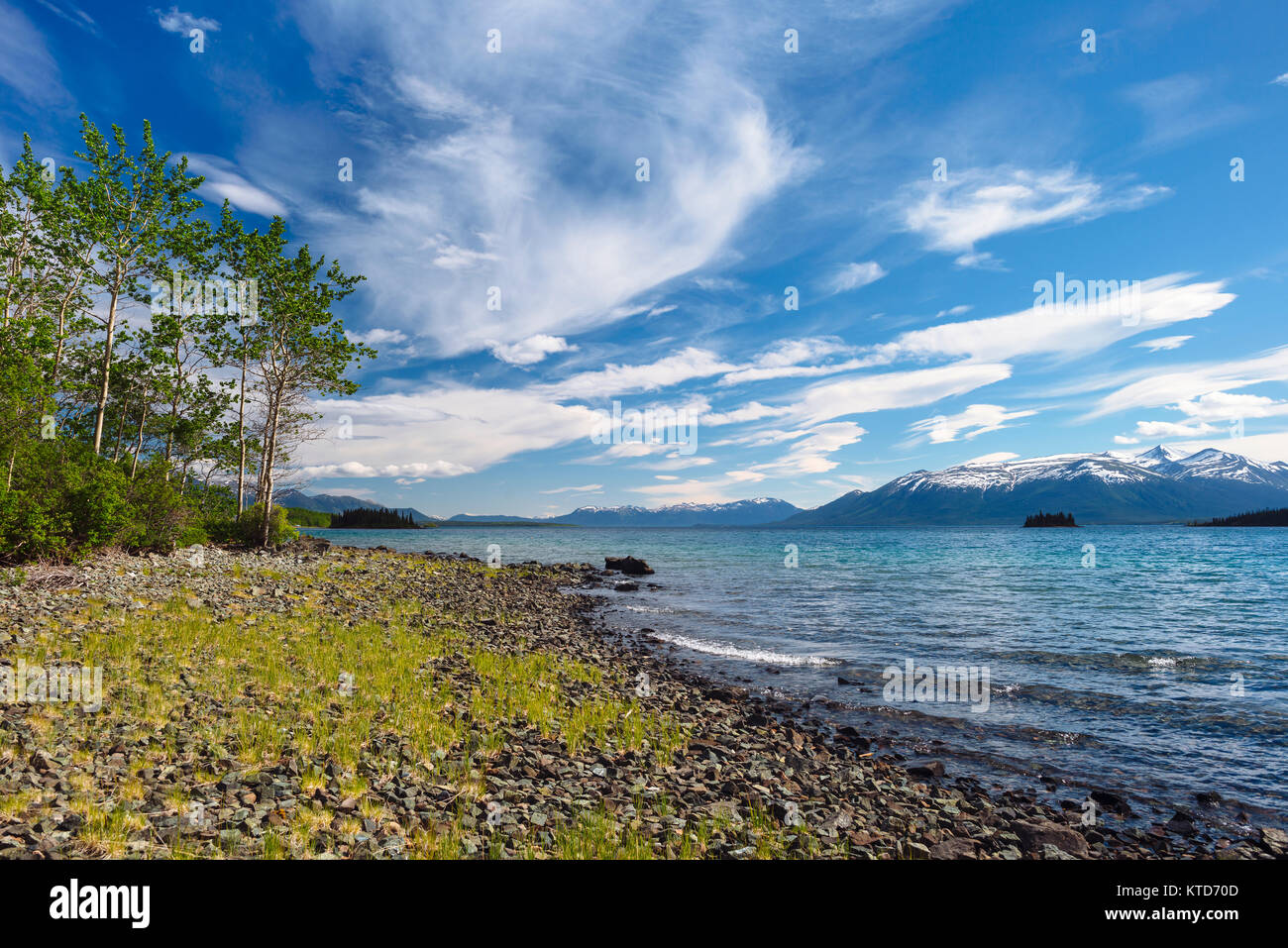 A summer day at Atlin Lake in British Columbia, with Teresa Island in the distance. Stock Photo