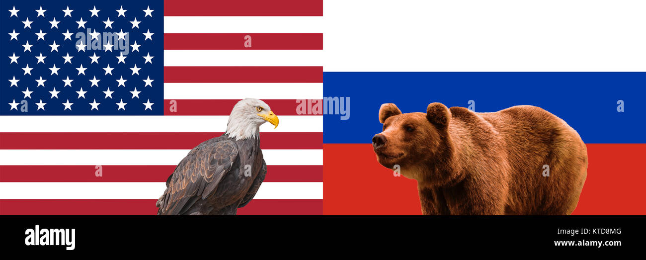 Concept of relations USA and Russia. American and Russian flags. Bald Eagle, brown bear. Relationship, conflict, confrontation between USA and Russia. Stock Photo