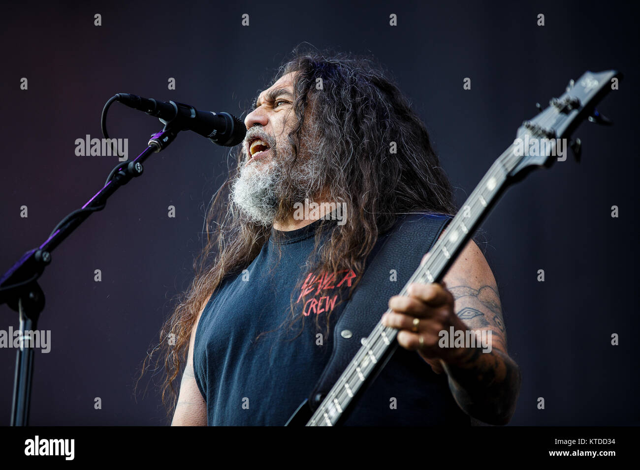 The American thrash metal band Slayer performs a live concert at