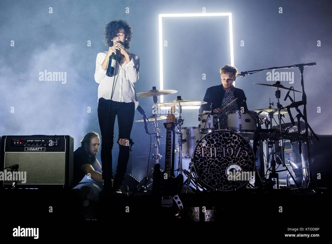 The English indie rock and synth pop band The 1975 performs a live concert  at VEGA in Copenhagen. Here lead singer Matt Healy is seen live on stage  with drummer George Daniel.