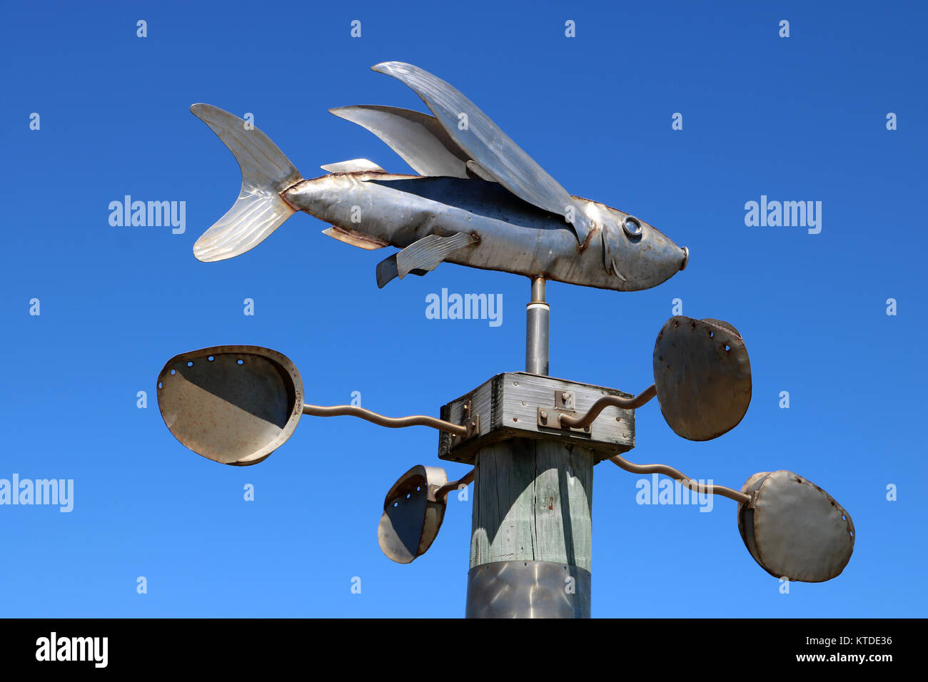 Small metal sculpture in the shape of a flying fish as a weather vane
