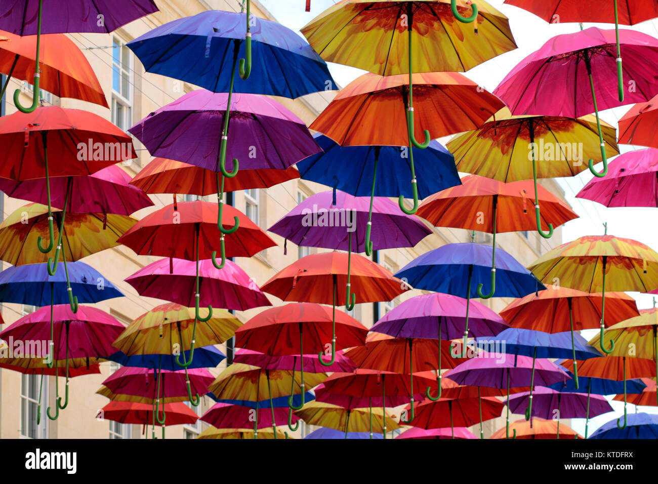Bright and Colourful Umbrella instalation in Southgate Shopping Mall, Bath, Somerset Stock Photo