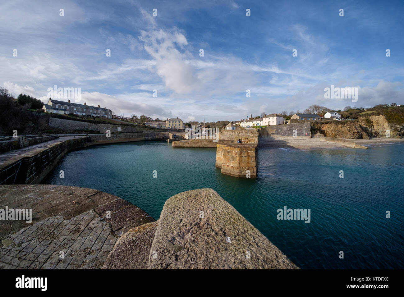 Wide angle view of Charlestown harbour, Cornwall. Once a Georgian harbour used to export China Clay, now a UNESCO world heritage site Stock Photo