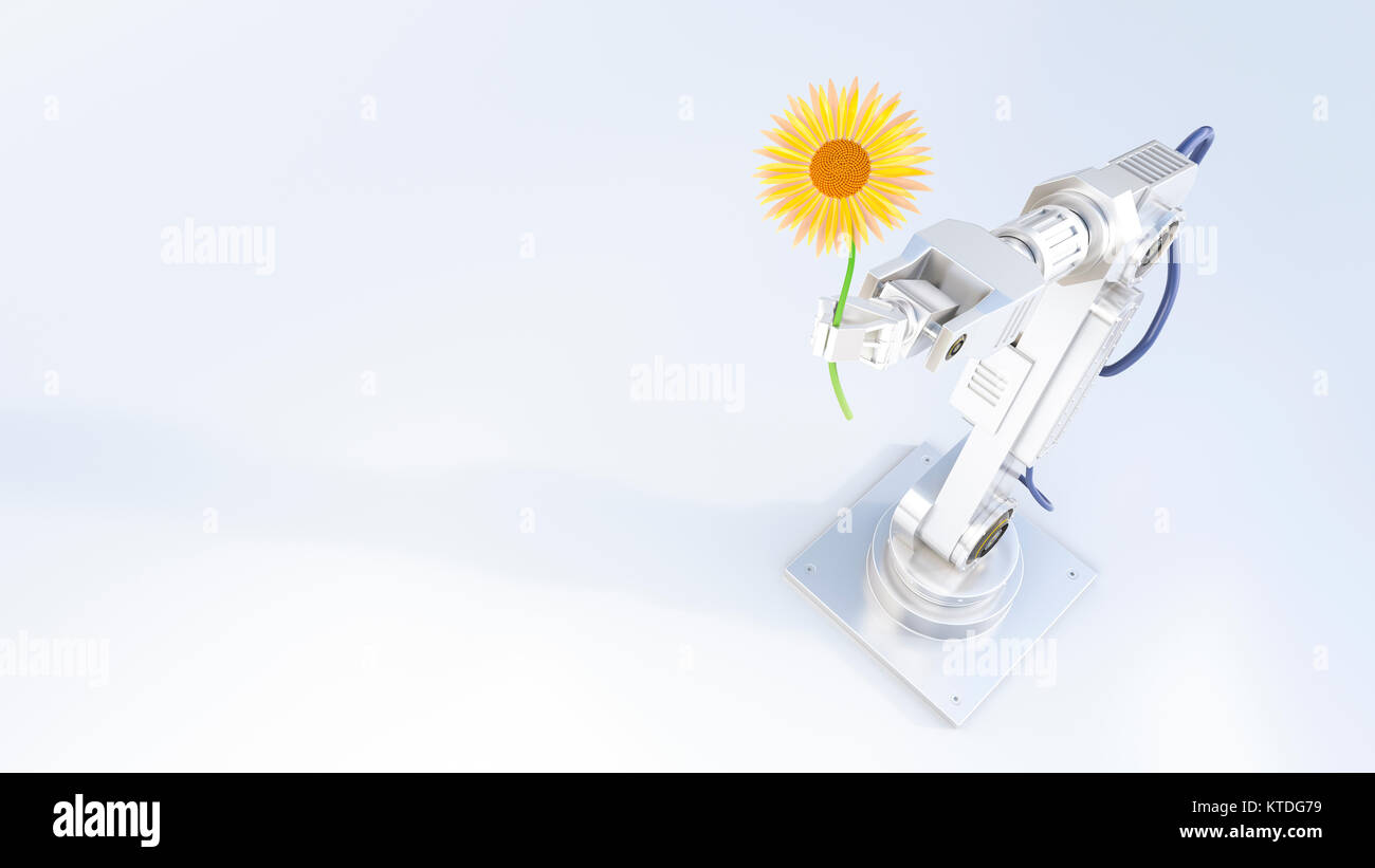 3D Rendering, robot arm holding yellow flower Stock Photo - Alamy