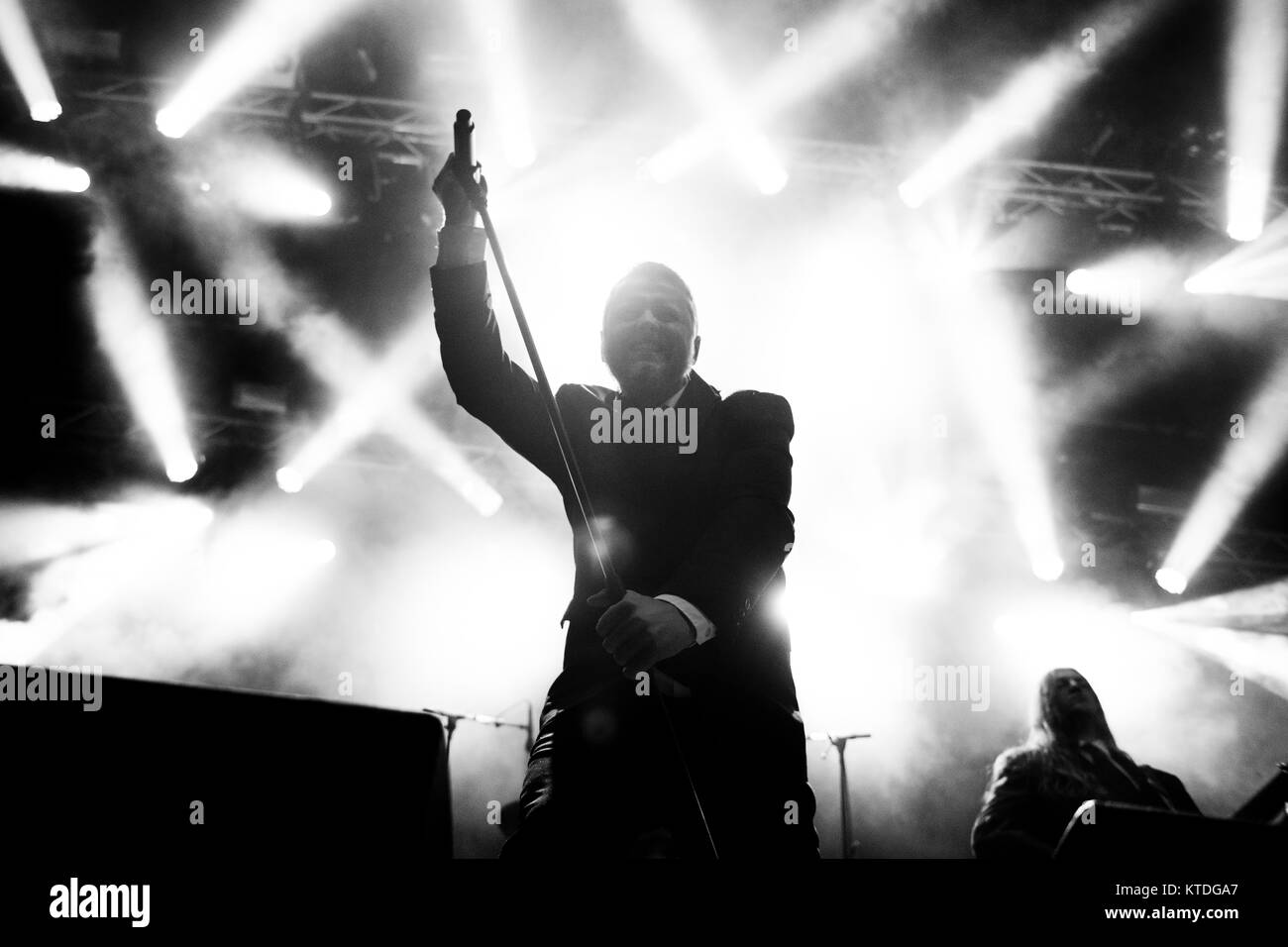 The Faroese doom metal band Hamferð (Hamferd) performs a live concert at the Faroese music festival G! Festival 2014. Here vocalist Jón Aldará is pictured live on stage. Faroe Islands, 18.07.2014. Stock Photo