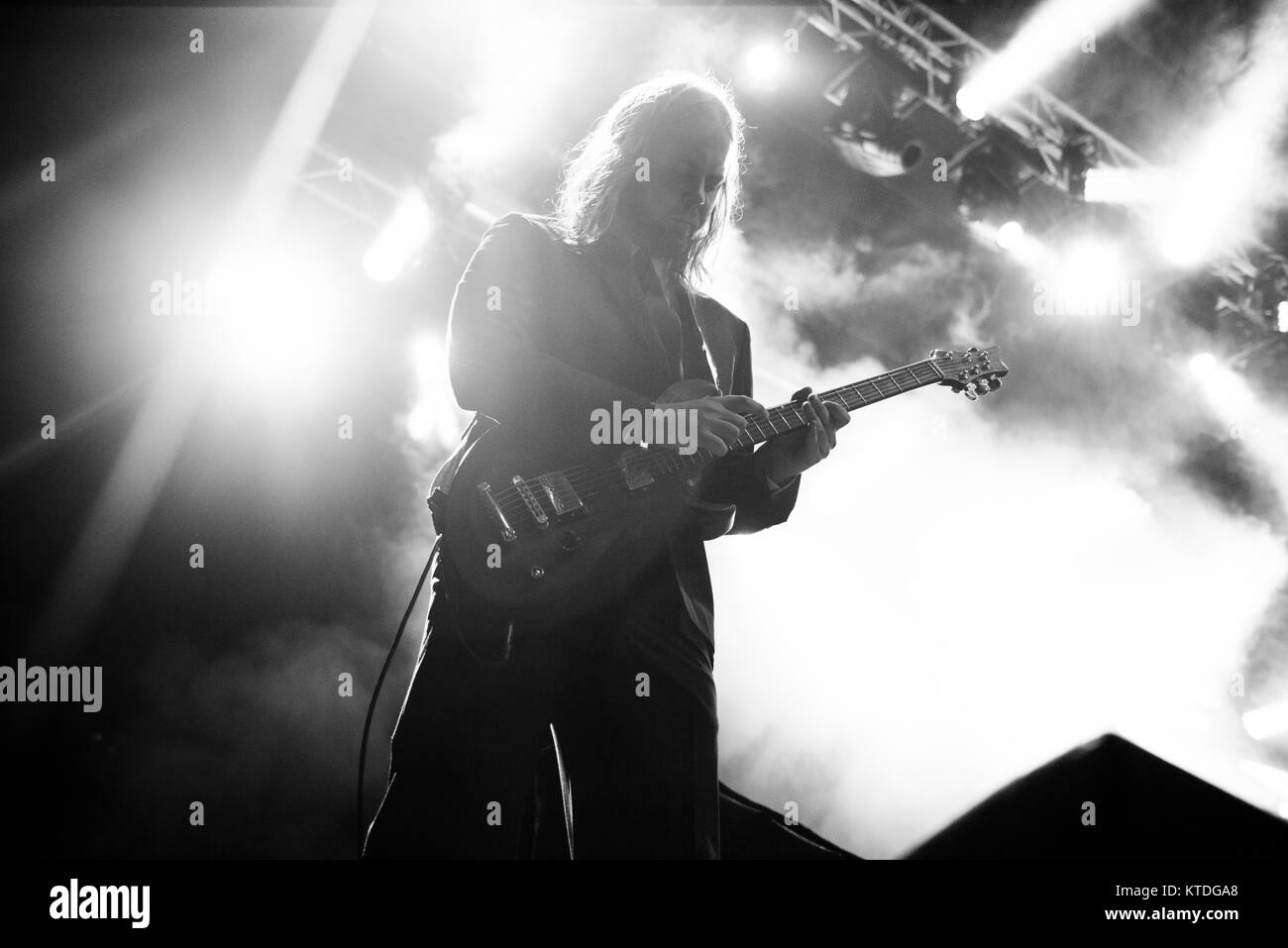 The Faroese doom metal band Hamferð (Hamferd) performs a live concert at the Faroese music festival G! Festival 2014. Here guitarist Theodor Kapnas is pictured live on stage. Faroe Islands, 18.07.2014. Stock Photo