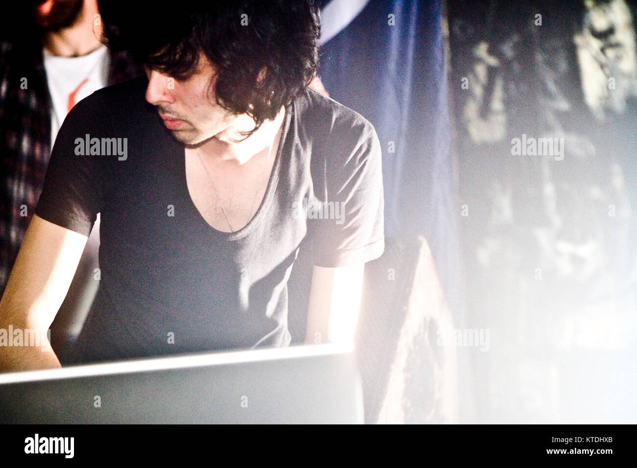 The electronic music duo Justice (stylised as Jus†ice) performs a live