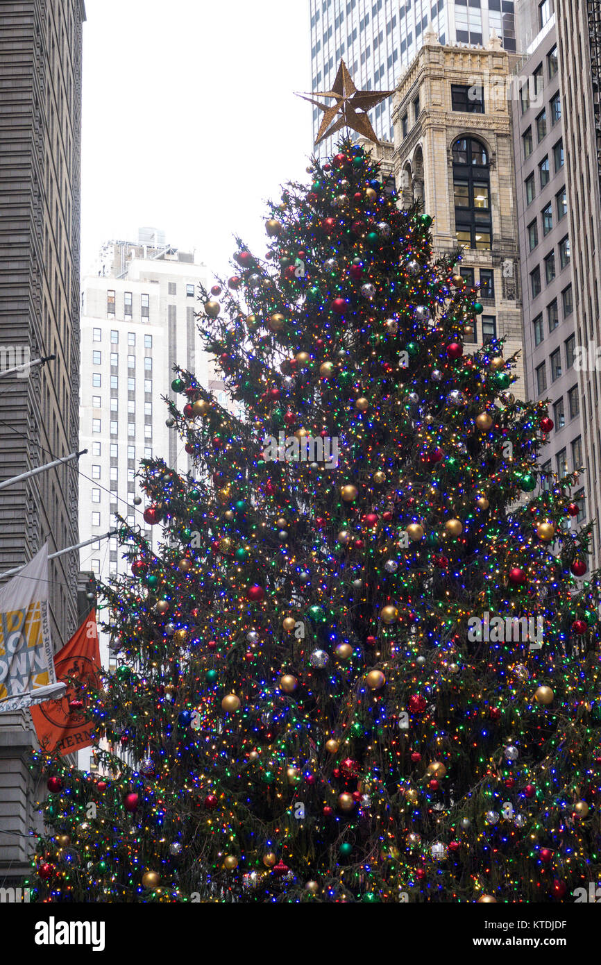 Albero di Natale luci dalla Borsa di Wall Street edificio in centro  Manhattan NEW YORK CITY USA Foto stock - Alamy