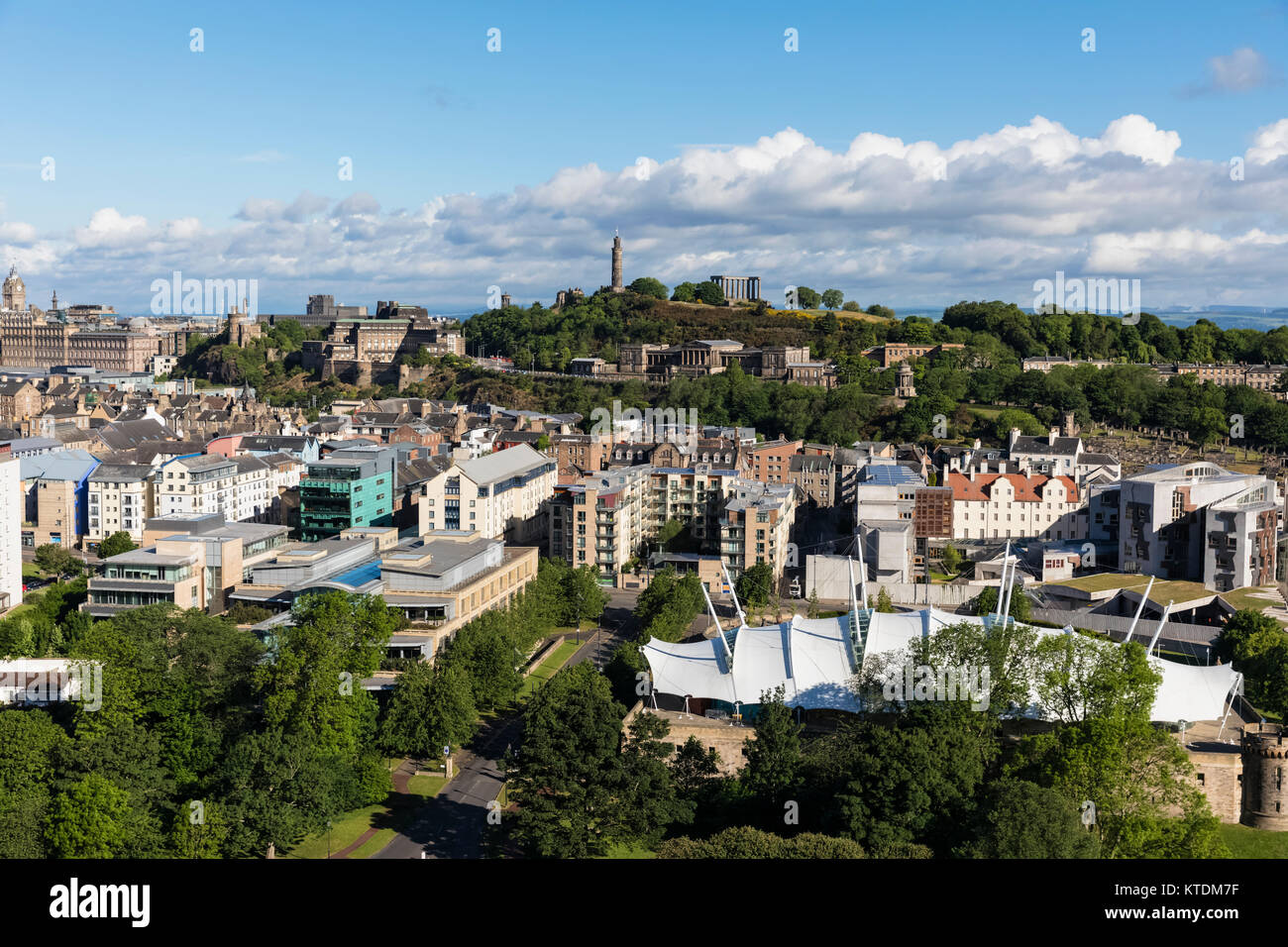 Great Britain, Scotland, Edinburgh, Calton Hill, Nelson Monument, Dugald Stewart Monument, National Monument of Scotland, New Parliament House, Scottish Government and Dynamic Earth Stock Photo