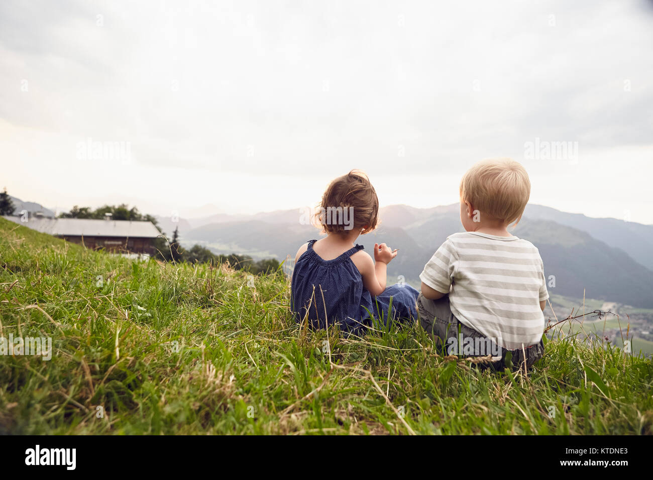 Austria, Tyrol, back view of little girl and boy sitting on Alpine meadow looking at view Stock Photo