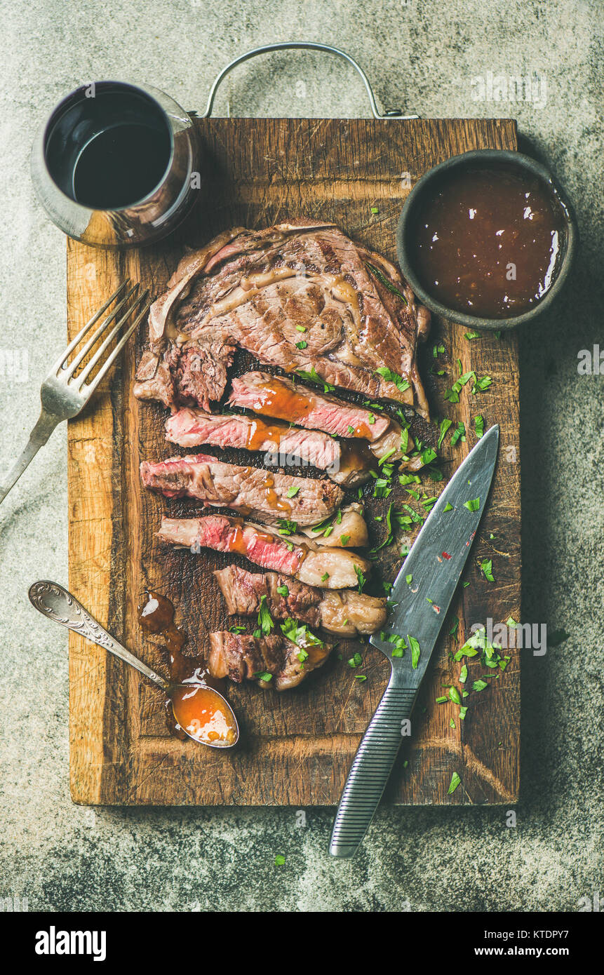 Flatlay of grilled medium rare ribeye beef steak Stock Photo Alamy