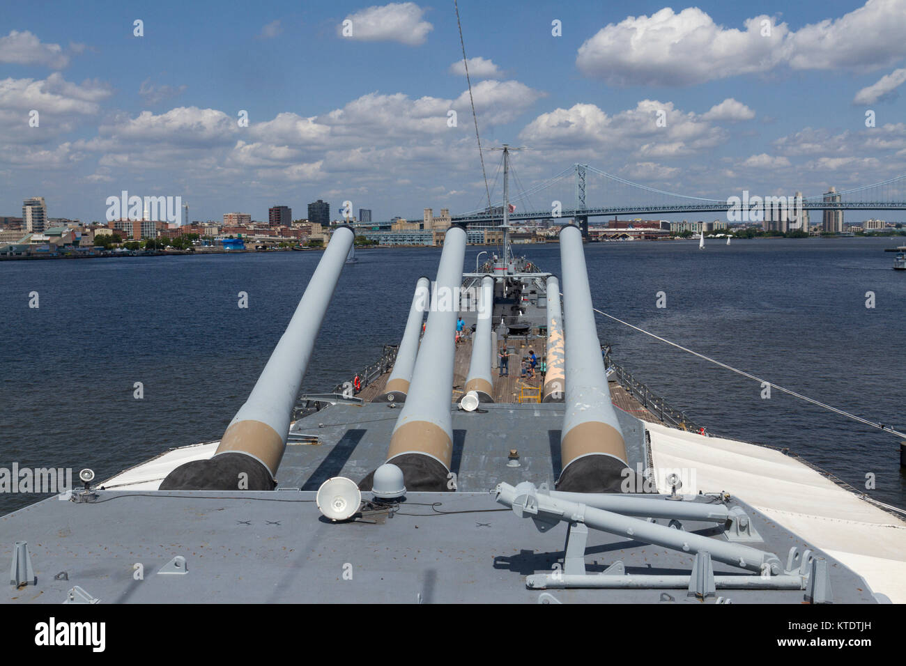 View over 16-inch Main Gun Battery on the forward deck on the USS New Jersey Iowa Class Battleship, Delaware River, New Jersey, United States. Stock Photo