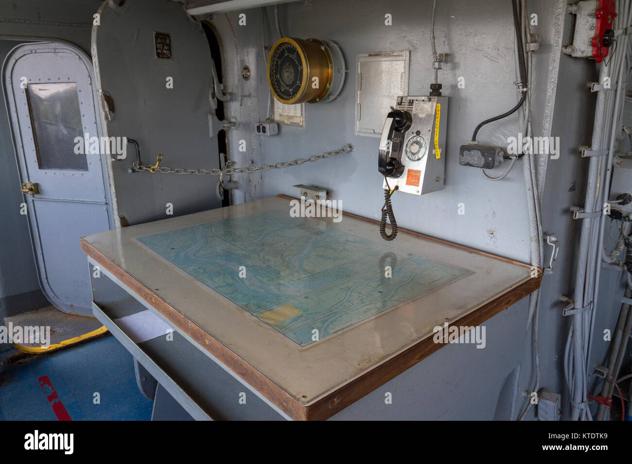 Map table on the quarterdeck, USS New Jersey Iowa Class Battleship, Delaware River, New Jersey, United States. Stock Photo