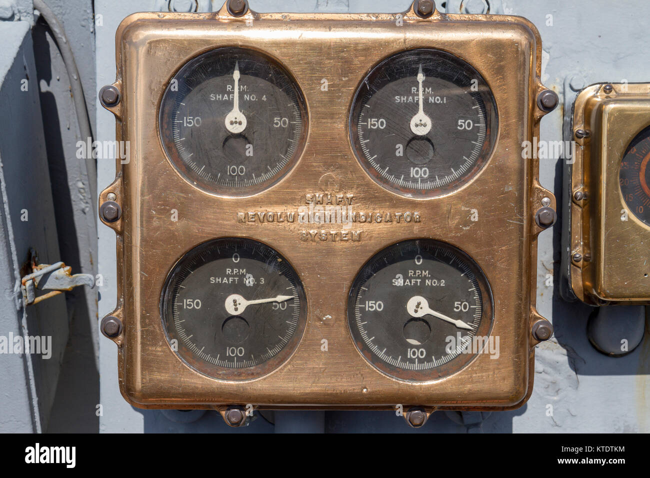 Shaft Revolution Indicator system on the USS New Jersey Iowa Class Battleship, Delaware River, New Jersey, United States. Stock Photo