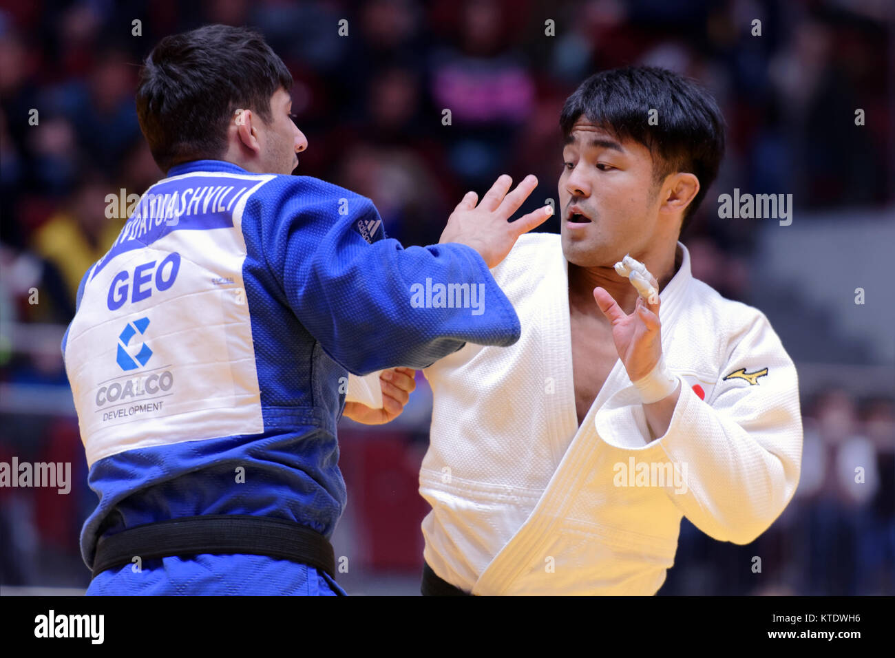 St. Petersburg, Russia - December 16, 2017: Final fight Soichi Hashimoto, Japan (white) vs Lasha Shavdatuashvili, Georgia during Judo World Masters to Stock Photo