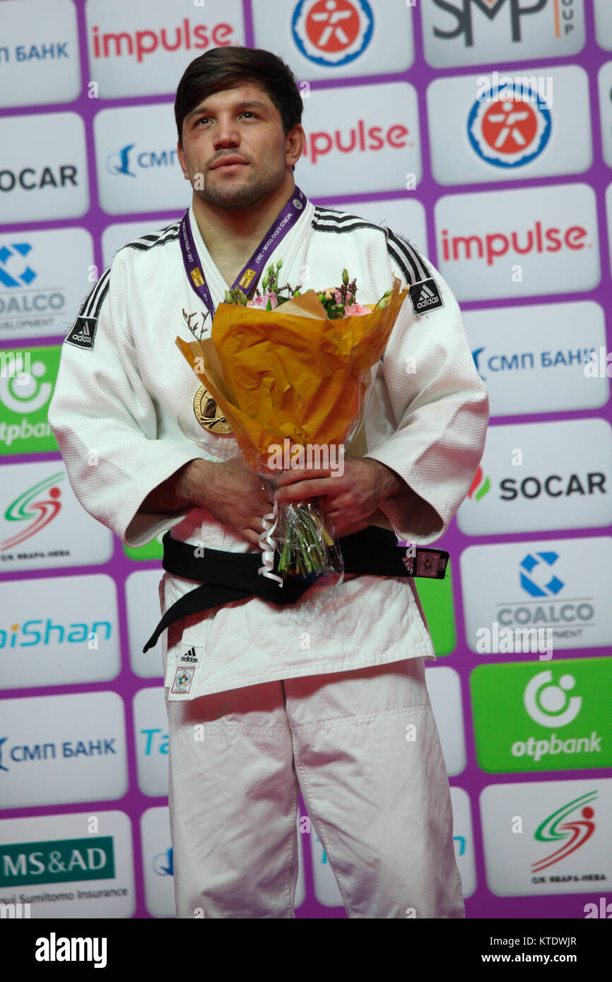 St. Petersburg, Russia - December 17, 2017: Beka Gviniashvili, Georgia during award ceremony of Judo World Masters 2017. Gviniashvili won gold medal i Stock Photo