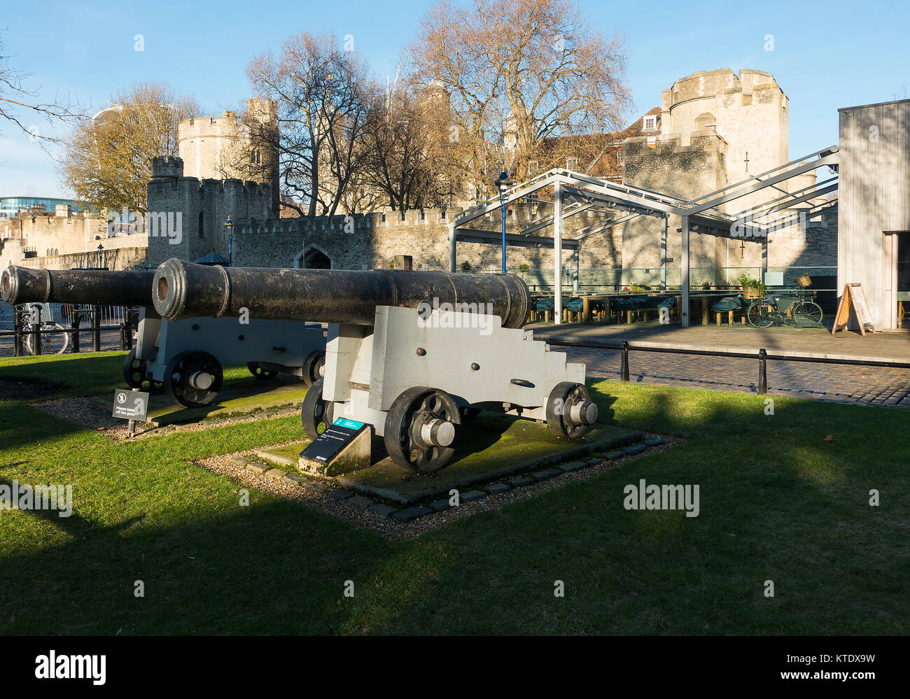 Old Canons from Around 1800 Cast by William Churchill Outside Tower of London on Thames Walk North Bank London England United Kingdom UK Stock Photo
