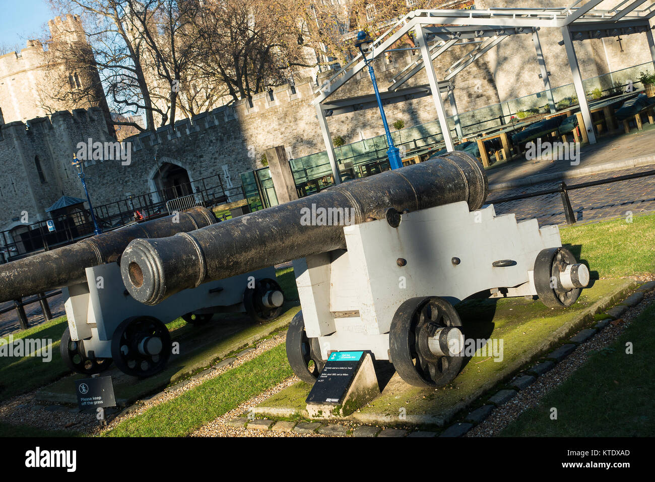 Old Canons from Around 1800 Cast by William Churchill Outside Tower of London on Thames Walk North Bank London England United Kingdom UK Stock Photo