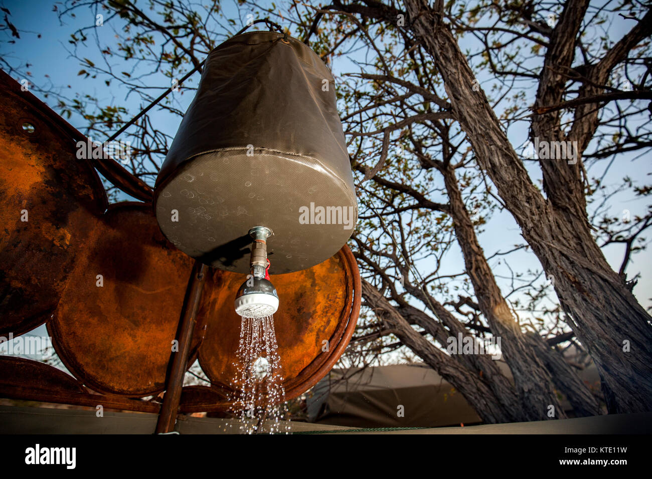 Bucket Shower in Tent Washroom at Huab Under Canvas, Damaraland Stock
