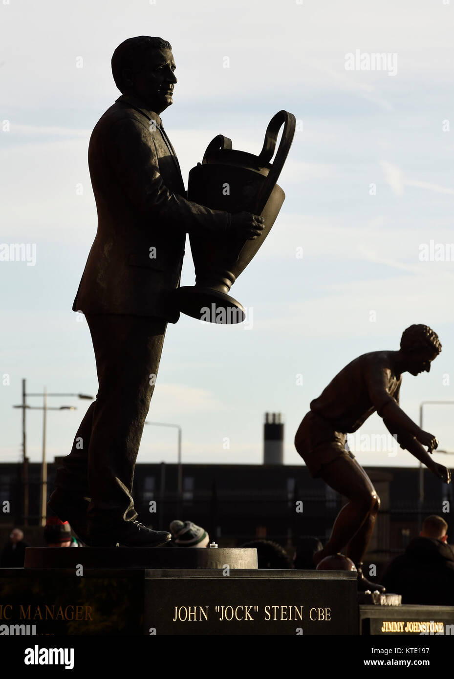 Jock Stein Statue outside Celtic park before the Scottish Premiership