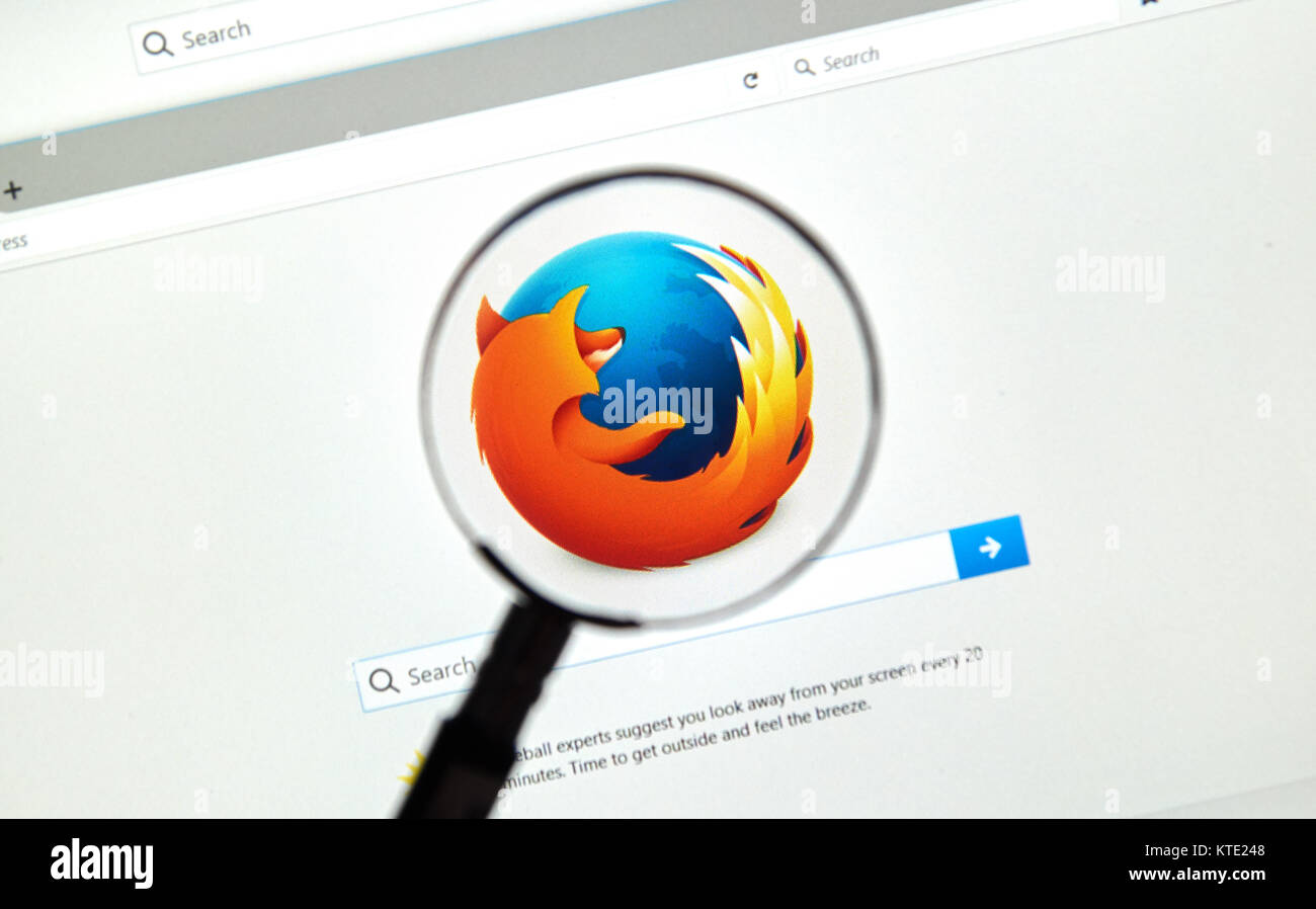MONTREAL, CANADA - JUNE 4, 2016 : Firefox web browser under magnifying glass.  Firefox is a free and open-source web browser developed by the Mozilla F  Stock Photo - Alamy
