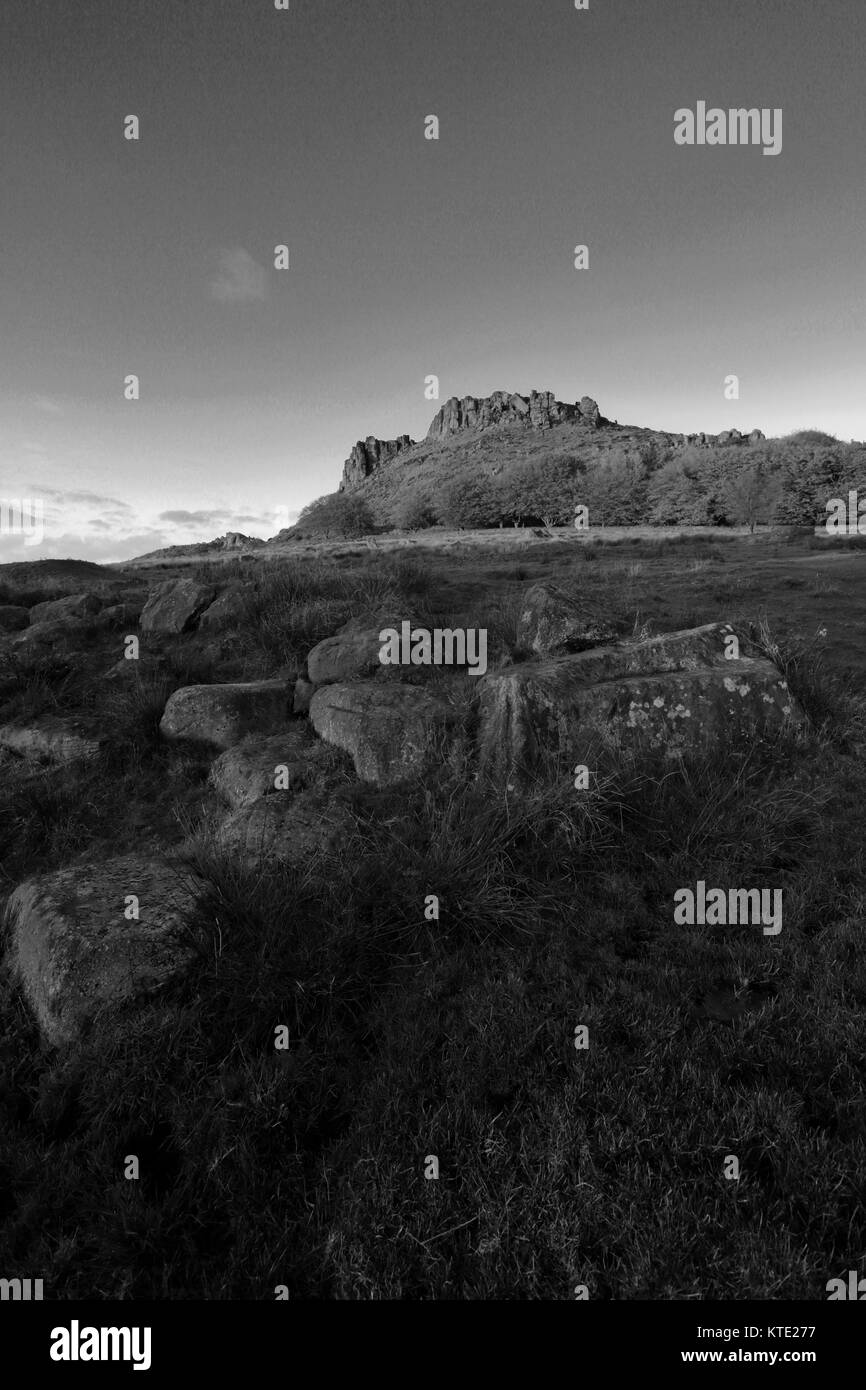 Dusk, Hen Cloud rock, the Roaches Rocks, Upper Hulme, Staffordshire, England, UK Stock Photo