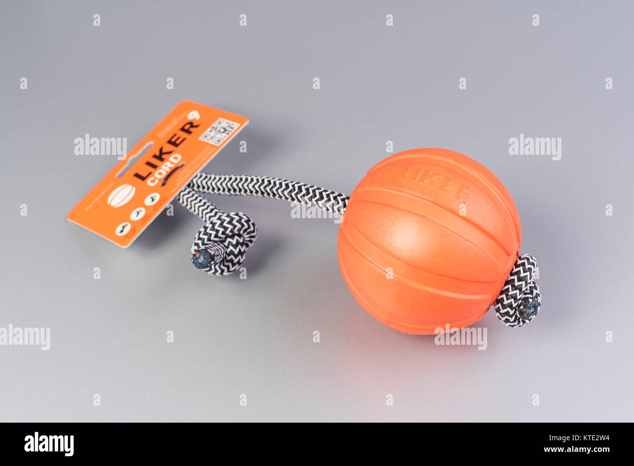 Drohobych, Ukraine - December 23, 2017: Liker cord - toy for dog training and fun, grey background, pet accessory, pets shop assortment Stock Photo