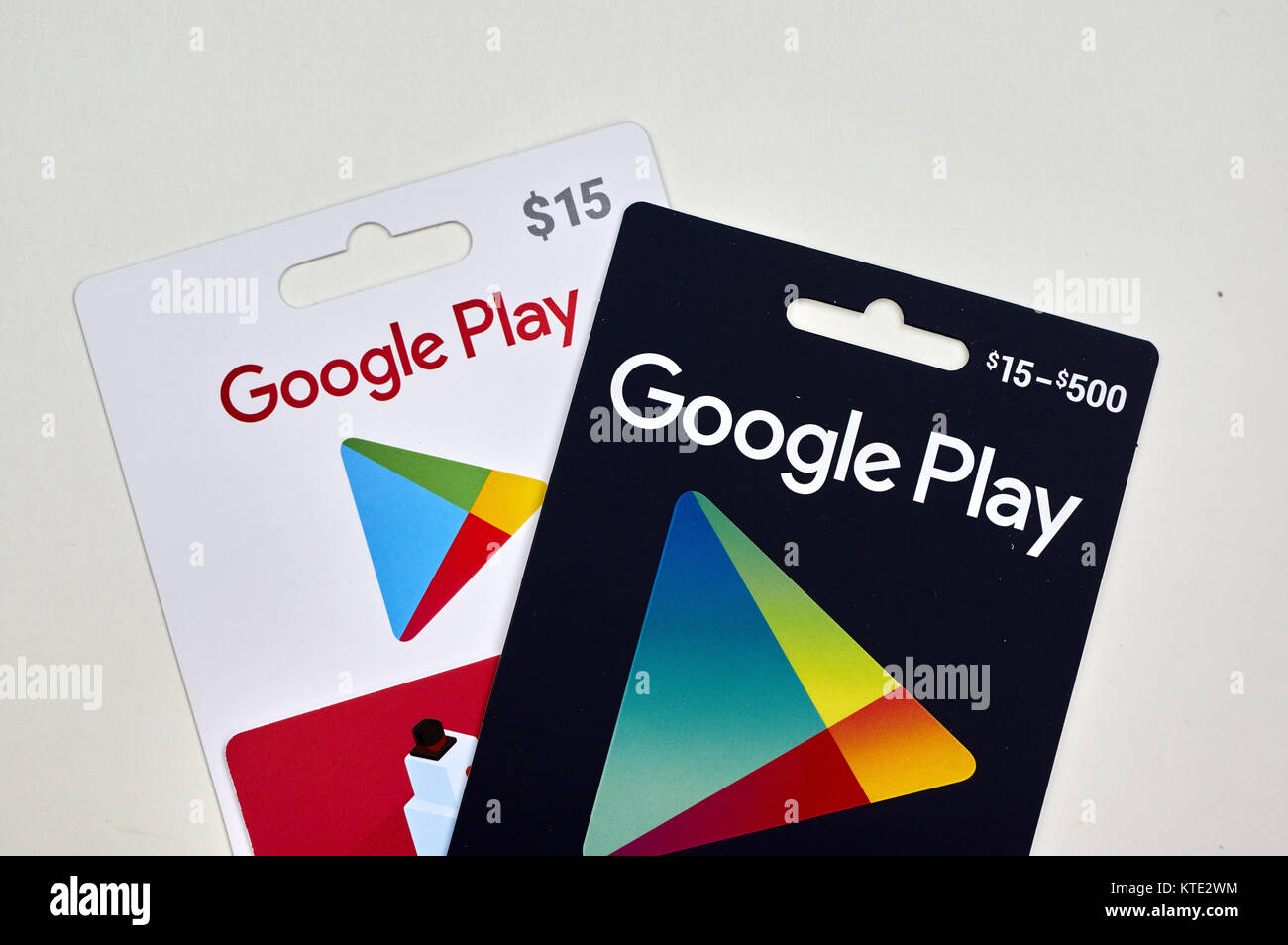 MONTREAL, CANADA - JULY 30, 2017 : Google play gift cards on a white background. Stock Photo