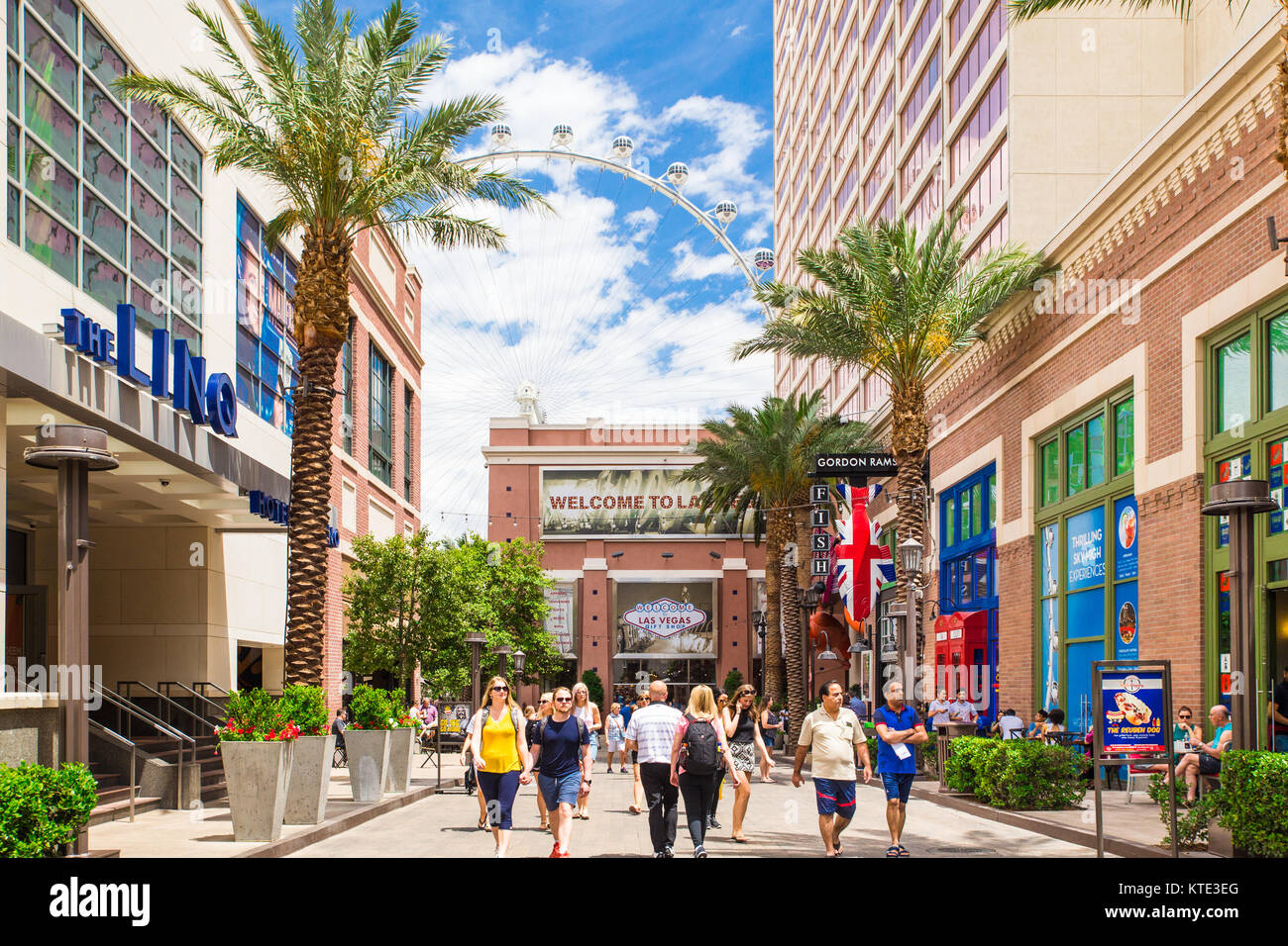 LAS VEGAS, NEVADA - MAY 18, 2017: View of outdoor Linq Promenade pedestrian plaza off the Vegas Strip with people in view. Stock Photo