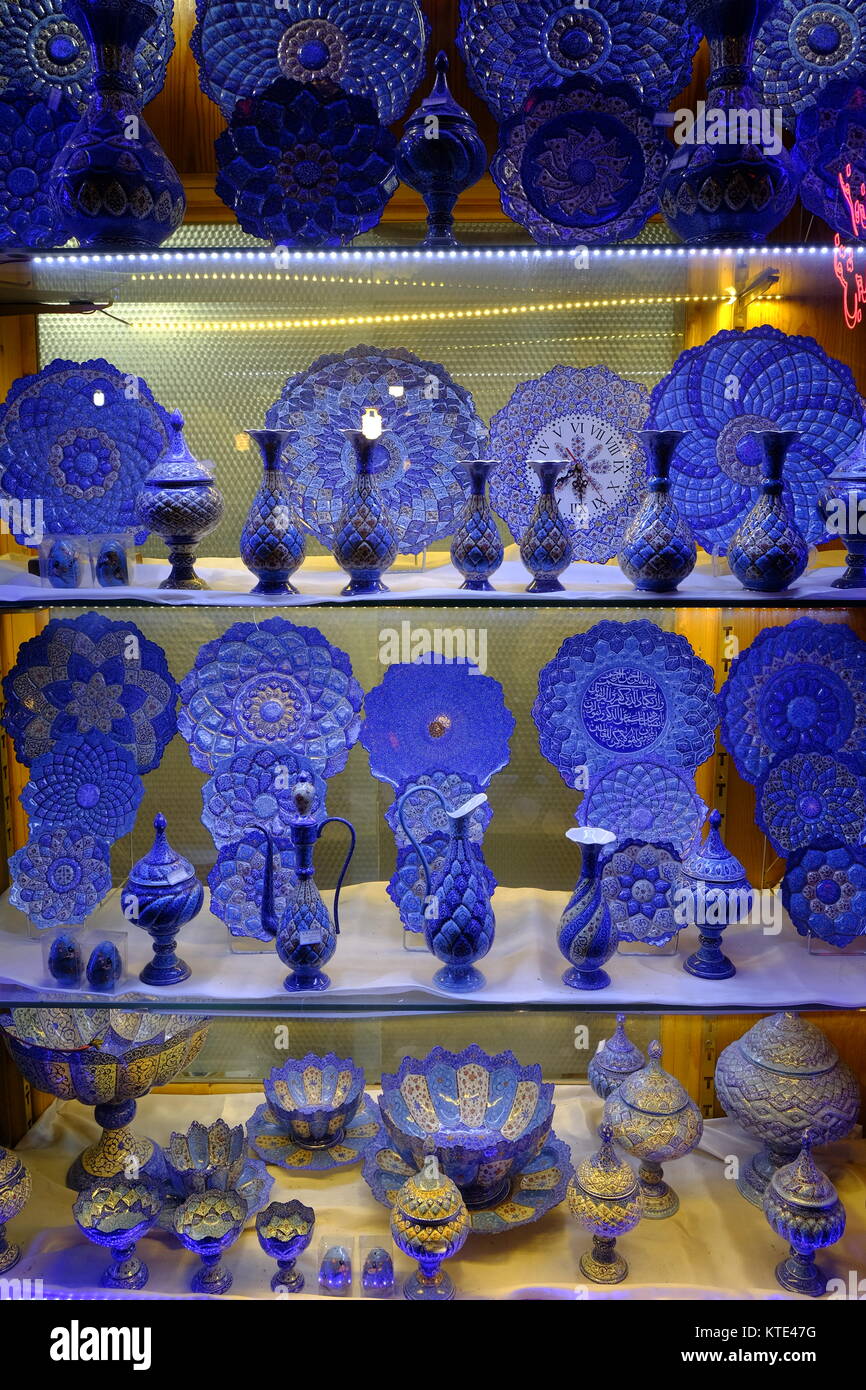 The Art of Minakari with the azure blue enamelling is a unique craft from Isfahan. Iran Stock Photo