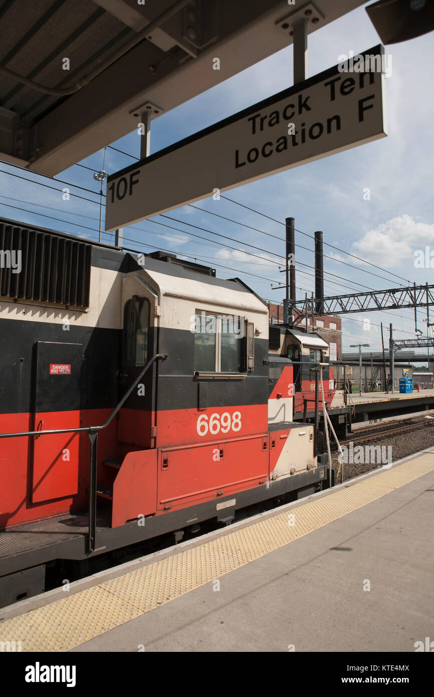 Commuter trains from New York City to Connecticut in a suburban station
