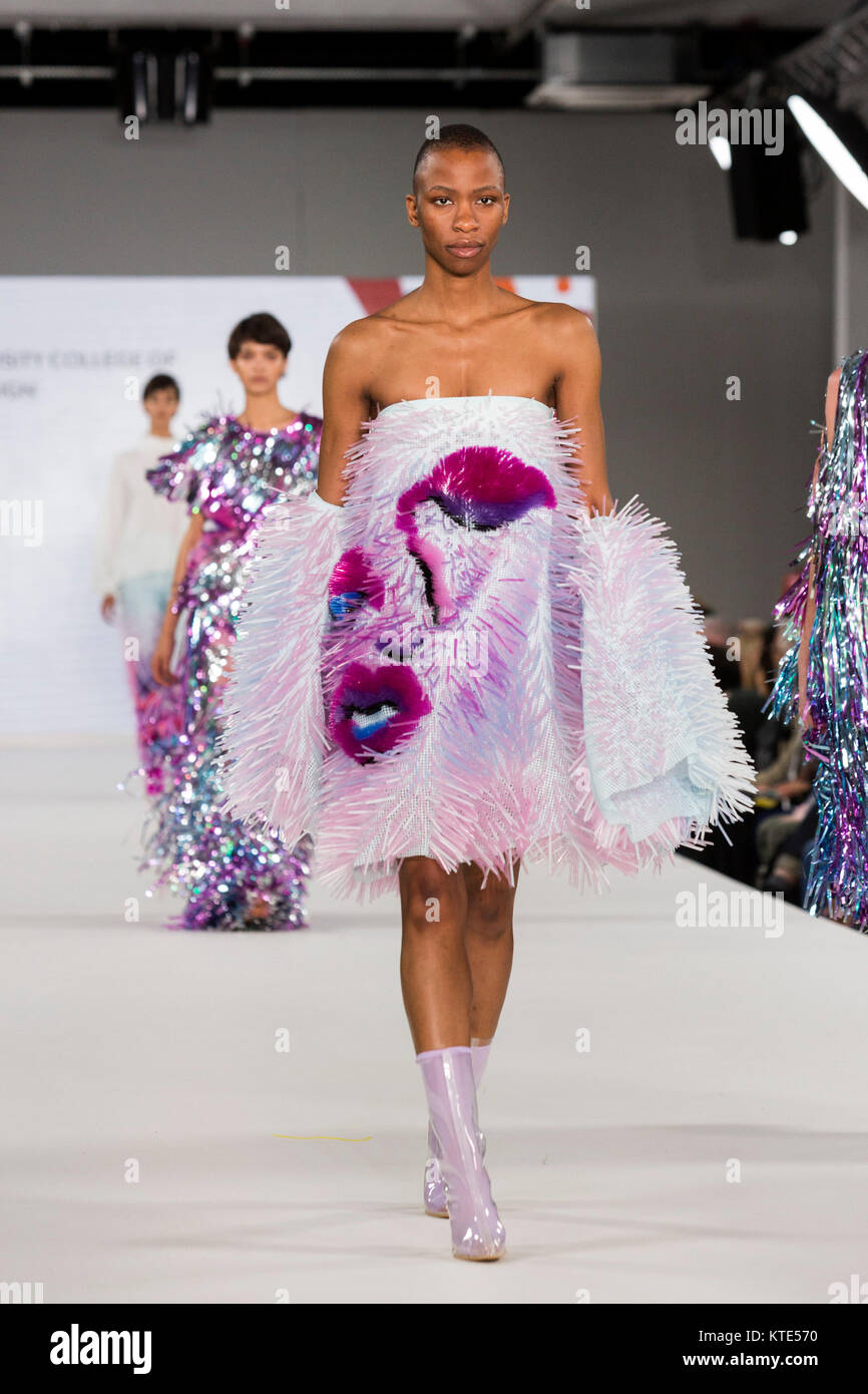 London, UK. 7 June 2017. A model walks the runway wearing a collection created by Yao Yao from Donghua University College of Fashion & Design during the International Catwalk Competition at Graduate Fashion Week 2017 at the Old Truman Brewery. Graduate Fashion Week is an annual event that showcases recent graduates' collections from the UK's leading fashion colleges and university courses in a series of fashion shows and exhibitions. Stock Photo