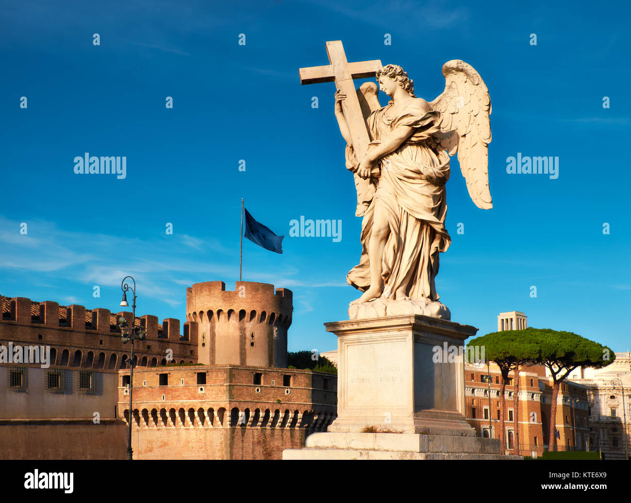 Statue of an angel on Sant Angelo Bridge in Rome, Italy, panoramic ...