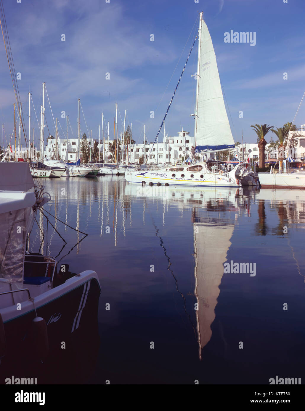 sail boat at mooring in the holiday destination of Port El Kantaoui , sousse, Tunisia Stock Photo