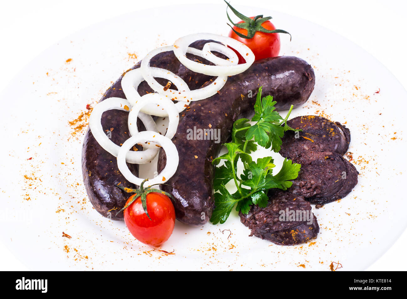 Black pudding, blood sausage cut into pieces. Studio Photo Stock Photo