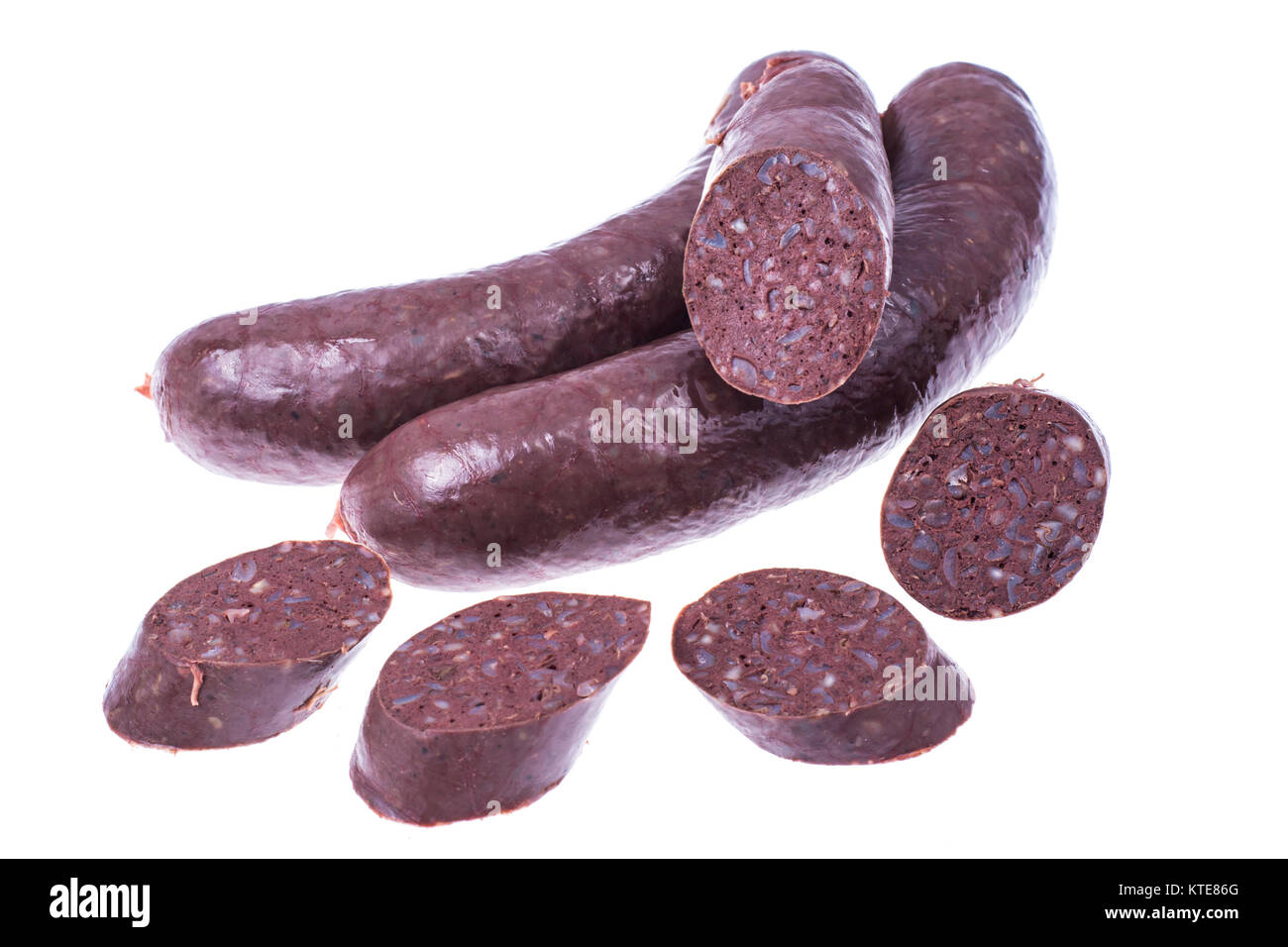 Black pudding, blood sausage cut into pieces. Studio Photo Stock Photo