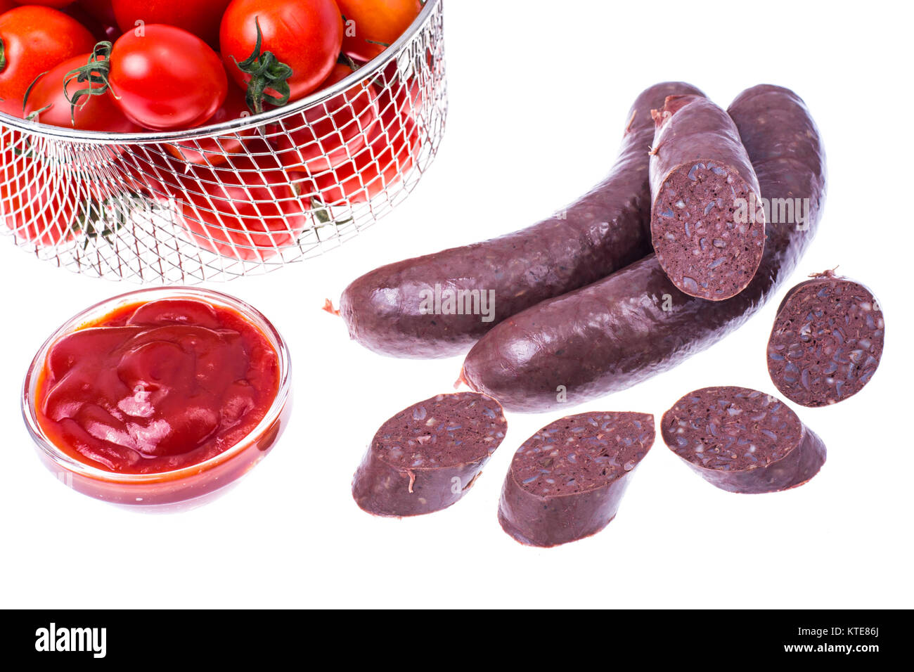 Black pudding, blood sausage cut into pieces. Studio Photo Stock Photo