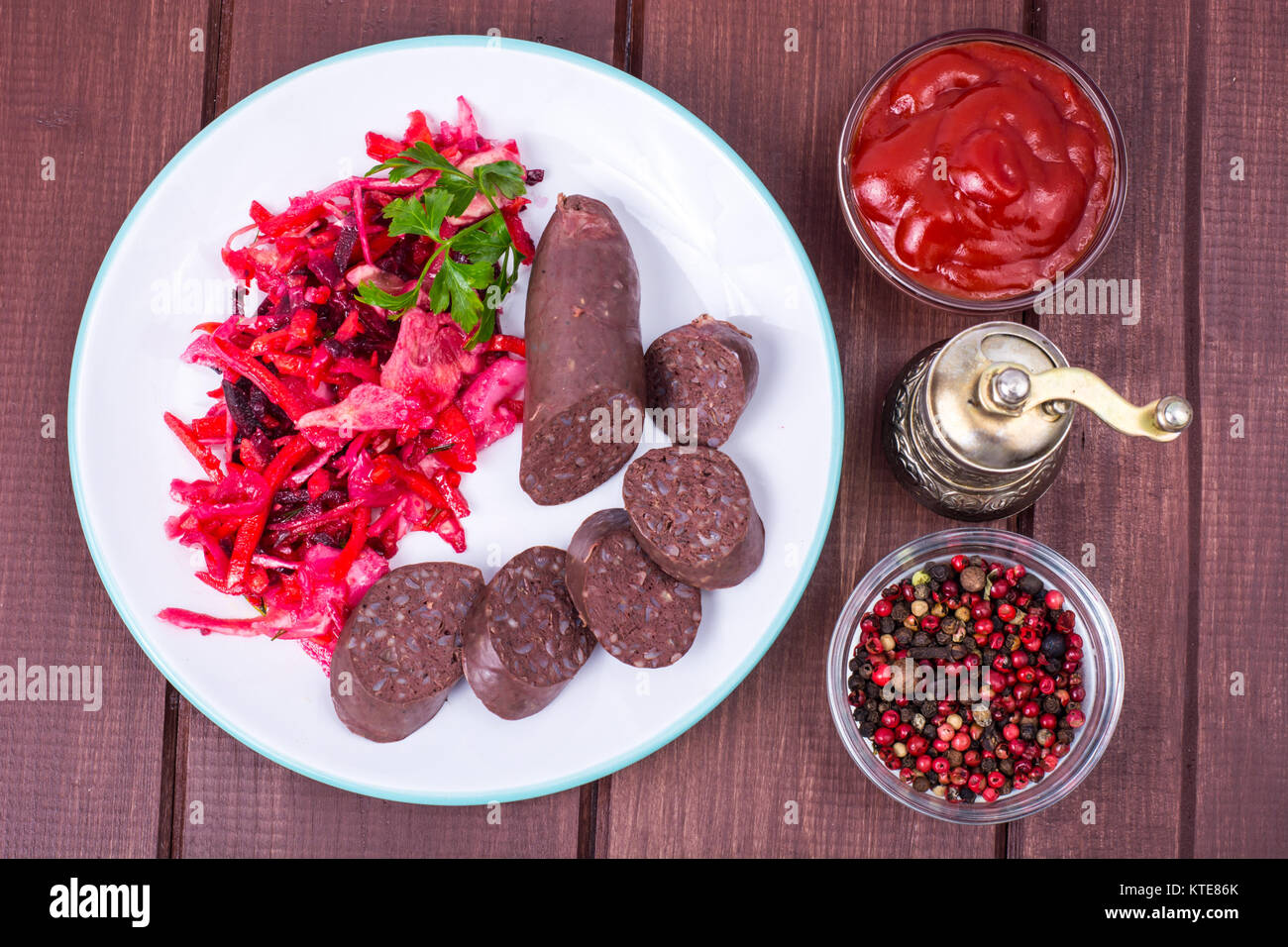 Black pudding, blood sausage cut into pieces. Studio Photo Stock Photo