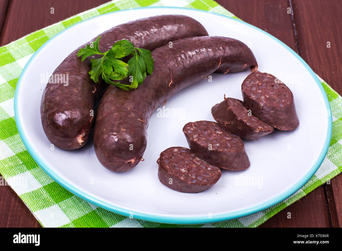 Black pudding, blood sausage cut into pieces. Studio Photo Stock Photo