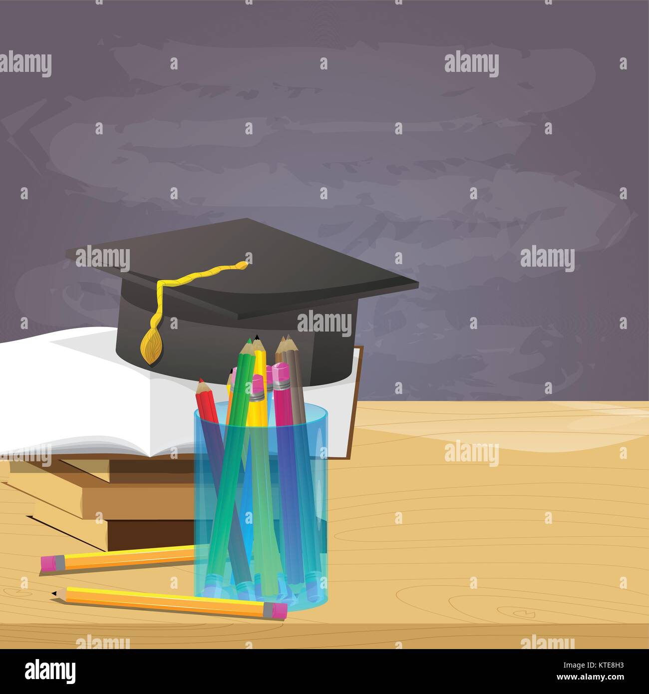 School books pencil and graduation cap, blackboard on the background, education concept. Vector cartoon style illustration. Stock Vector