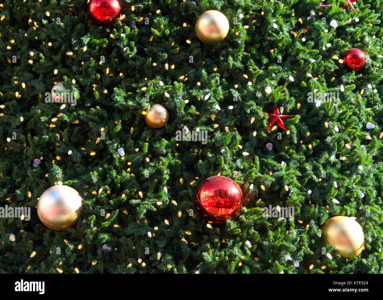 Close up on Christmas tree with white lights red and gold ball ornaments