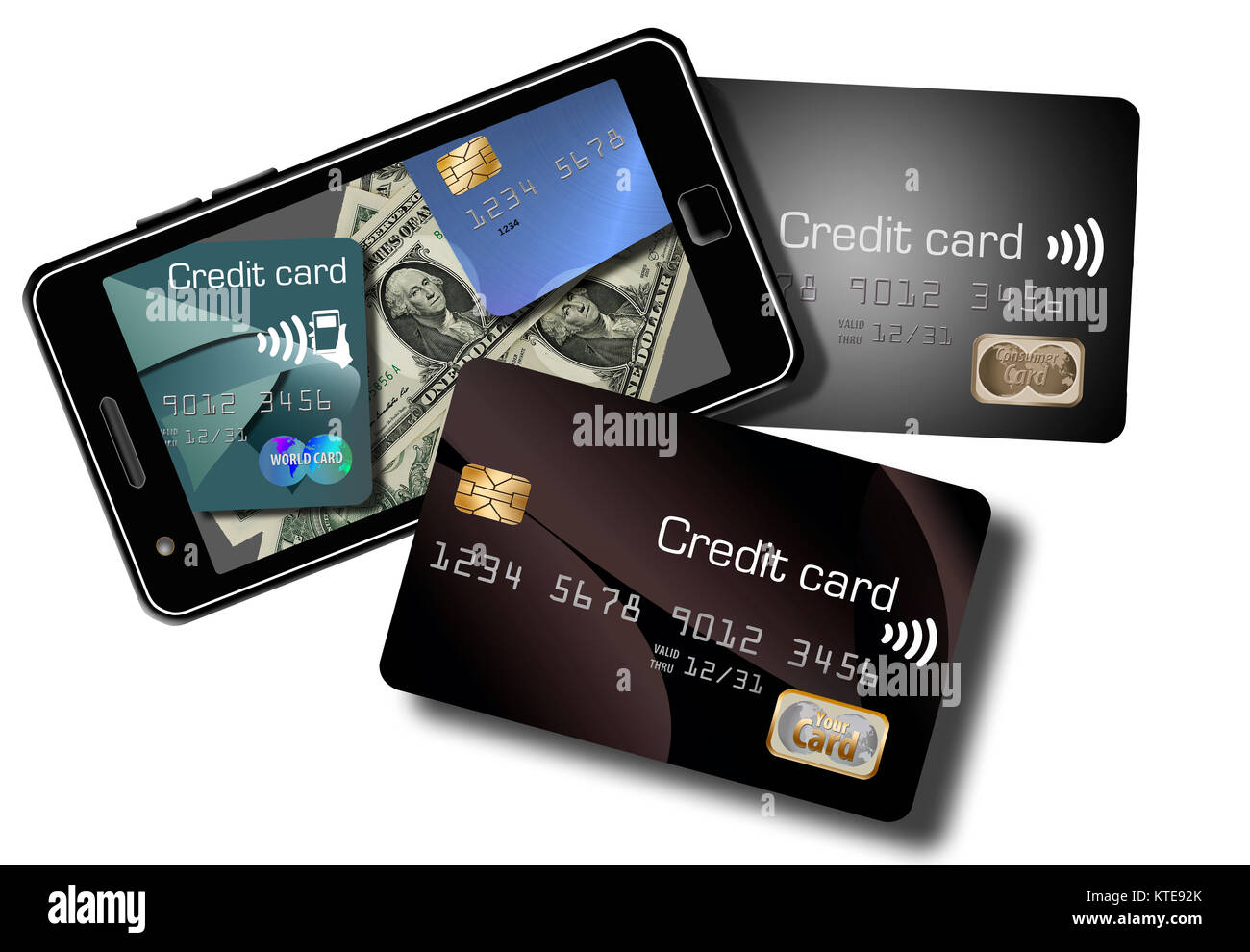 Go cashless. That idea is the theme of this 3-D illustration Credit cards replace the need to carry cash. Stock Photo
