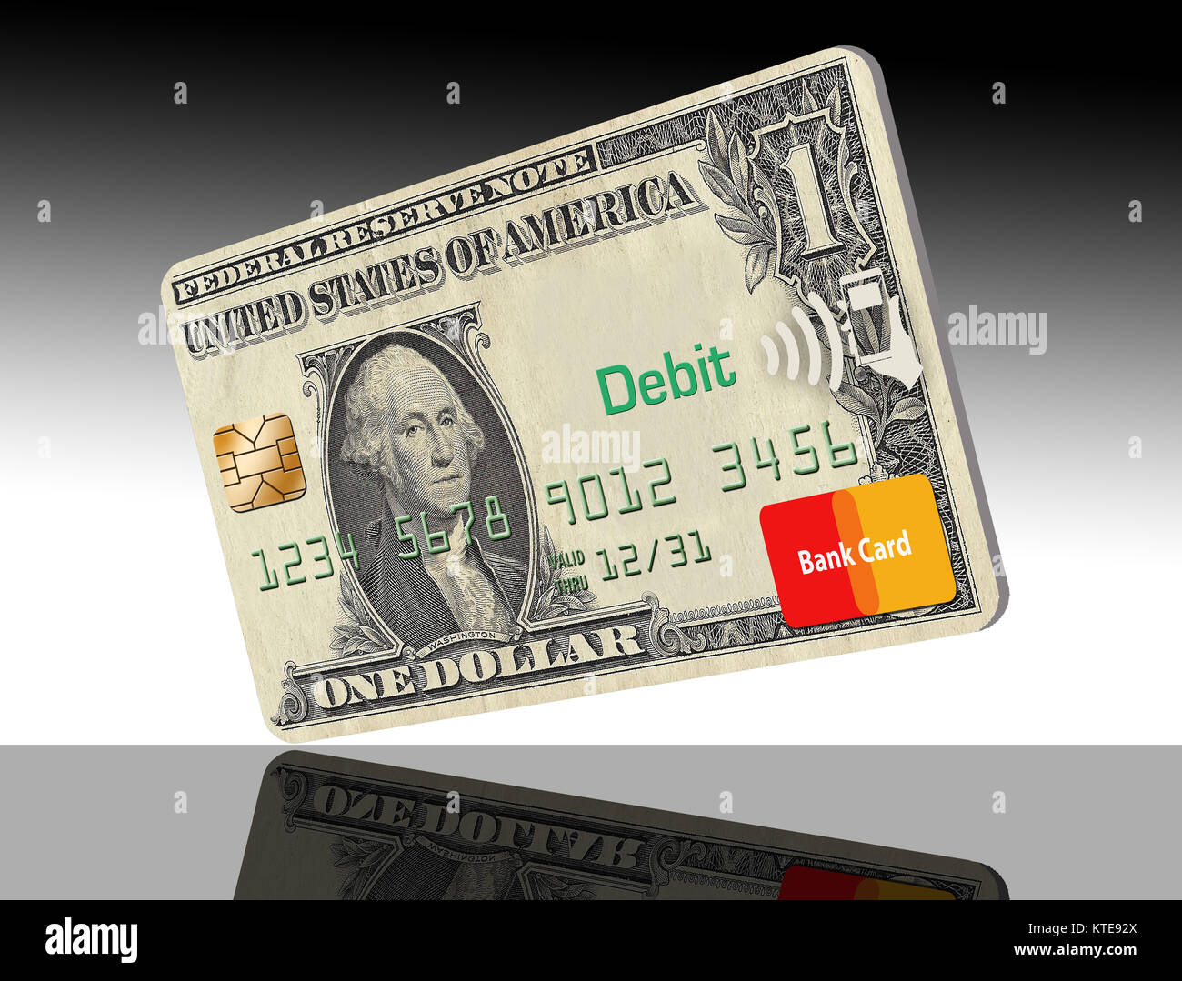 Go cashless. A credit card looks like a one dollar bill. That idea is the theme of this 3-D illustration Credit cards replace the need to carry cash. Stock Photo