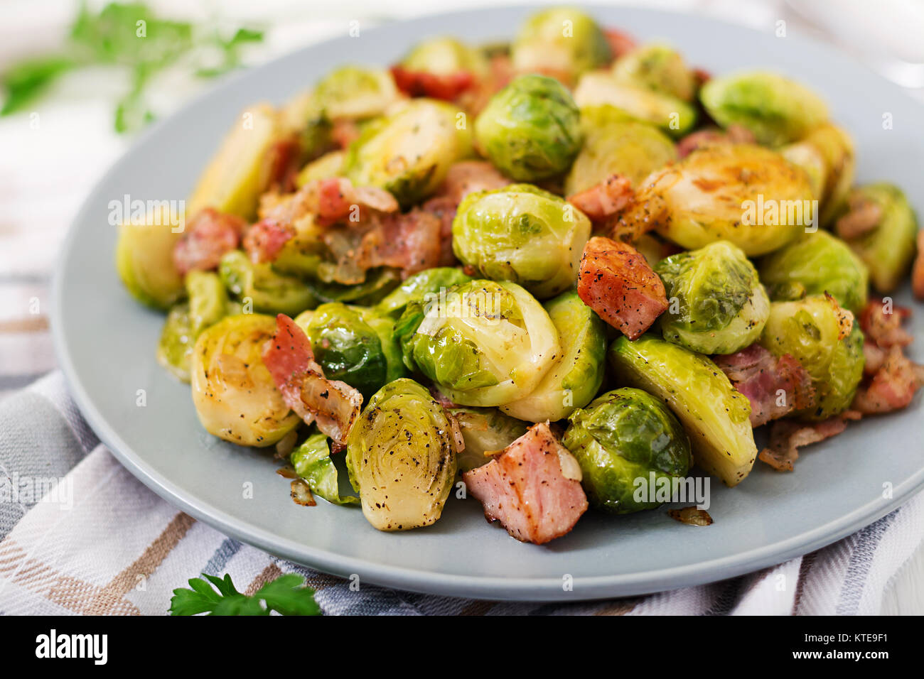 Brussels sprouts. Roasted Brussels sprouts with bacon. Delicious lunch