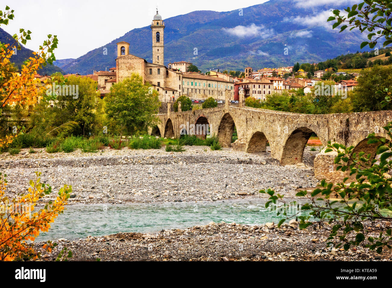 Beautiful Bobbio village,view with old bridge and traditional houses,Emilia Romagna,Italy. Stock Photo