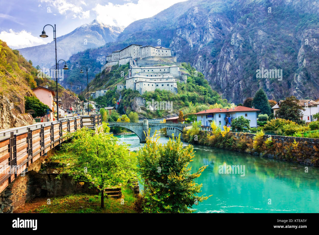 Impressive Forte di Bard,view with river and muntains,North Italy,near Aosta. Stock Photo