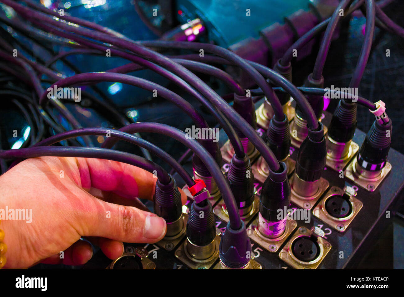 black microphone cables connected to the sound mixer Stock Photo Alamy