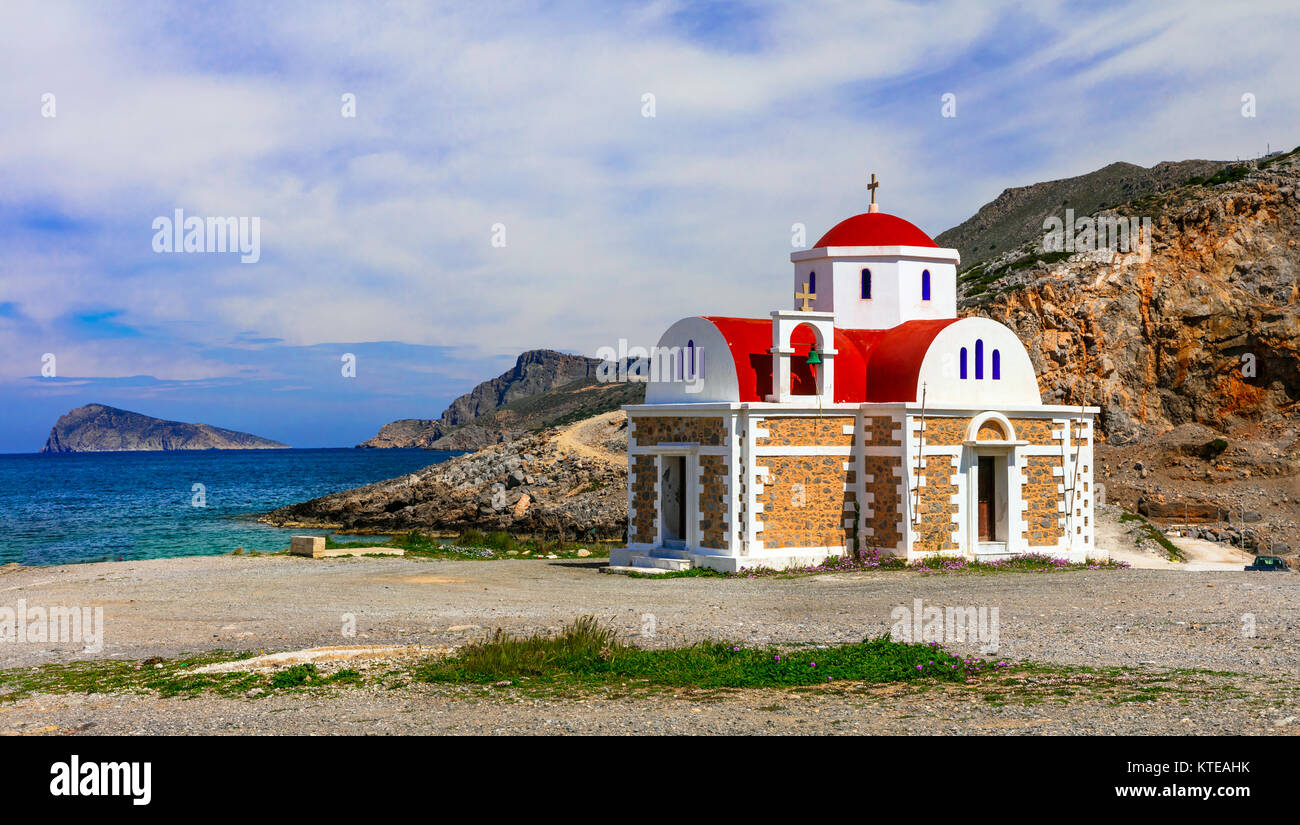 Traditional monastery in Crete island,view with azure sea and mountains,Greece. Stock Photo